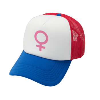 FEMALE, Adult Soft Trucker Hat with Red/Blue/White Mesh (POLYESTER, ADULT, UNISEX, ONE SIZE)