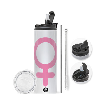 FEMALE, Travel Tumbler θερμό με διπλό καπάκι, μεταλλικό καλαμάκι και βούρτσα καθαρισμού (Ανωξείδωτο 304 Food grade, BPA free, 600ml)