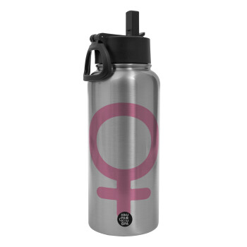 FEMALE, Metal mug thermo Silver with Straw and Spout Lid (Stainless steel), double wall, 950ml