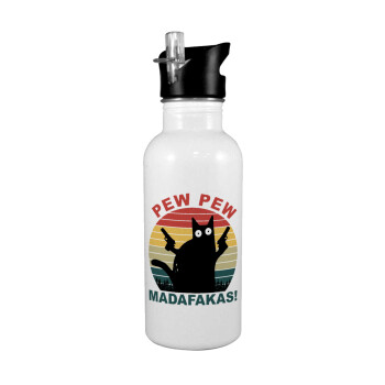 PEW PEW madafakas, White water bottle with straw, stainless steel 600ml