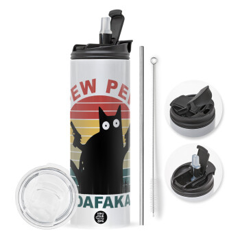 PEW PEW madafakas, Travel Tumbler θερμό με διπλό καπάκι, μεταλλικό καλαμάκι και βούρτσα καθαρισμού (Ανωξείδωτο 304 Food grade, BPA free, 600ml)