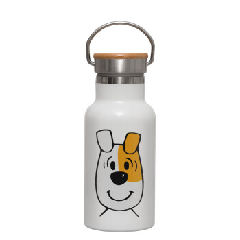 reksio bolek i lolek, Metallic thermos (Stainless steel) White with wooden lid (bamboo), double-walled, 350ml