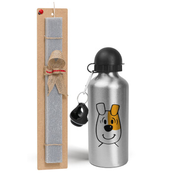 reksio bolek i lolek, Easter Set, metallic silver aluminum water bottle (500ml) & aromatic flat Easter candle (30cm) (GRAY)