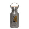 Stainless steel metallic thermos flask, silver with a bamboo lid, double-walled, 350ml.