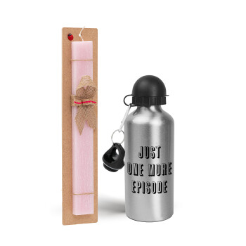 JUST ONE MORE EPISODE, Easter Set, metallic Silver aluminum water bottle (500ml) & scented flat Easter candle (30cm) (PINK)