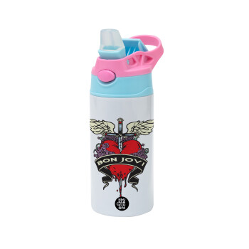 Bon Jovi, Children's hot water bottle, stainless steel, with safety straw, Pink/BlueCiel (360ml) BPA FREE