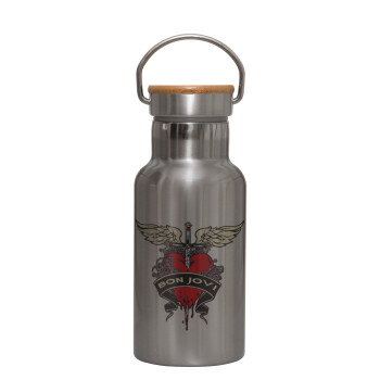 Bon Jovi, Stainless steel metallic thermos flask, silver with a bamboo lid, double-walled, 350ml.