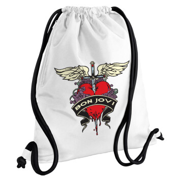 Bon Jovi, Backpack pouch GYMBAG white, with pocket (40x48cm) & thick cords