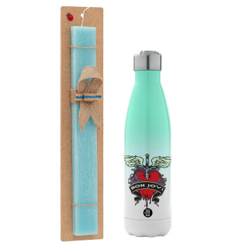 Bon Jovi, Easter Set, Metallic green/white thermos (Stainless steel), double-walled, 500ml & scented flat Easter candle (30cm) (TURQUOISE)