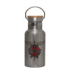 Stainless steel metallic thermos flask, silver with a bamboo lid, double-walled, 350ml.