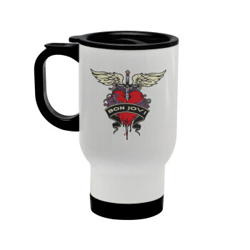 Bon Jovi, Stainless steel travel mug with lid, double wall white 450ml