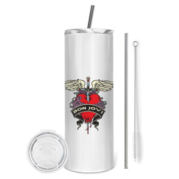 Bon Jovi, Tumbler ποτήρι θερμό από ανοξείδωτο ατσάλι 600ml, με μεταλλικό καλαμάκι & βούρτσα καθαρισμού