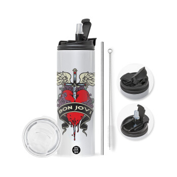 Bon Jovi, Travel Tumbler θερμό με διπλό καπάκι, μεταλλικό καλαμάκι και βούρτσα καθαρισμού (Ανωξείδωτο 304 Food grade, BPA free, 600ml)