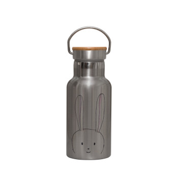 Ο λαγός του πάσχα, Stainless steel metallic thermos flask, silver with a bamboo lid, double-walled, 350ml.