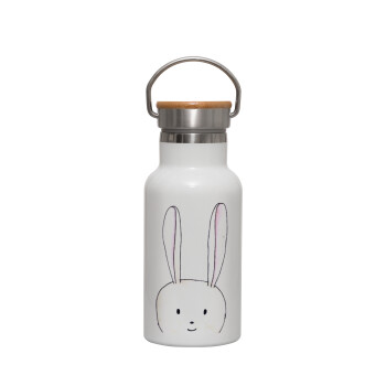 Ο λαγός του πάσχα, Metallic thermos (Stainless steel) White with wooden lid (bamboo), double-walled, 350ml