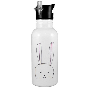 Ο λαγός του πάσχα, White water bottle with straw, stainless steel 600ml