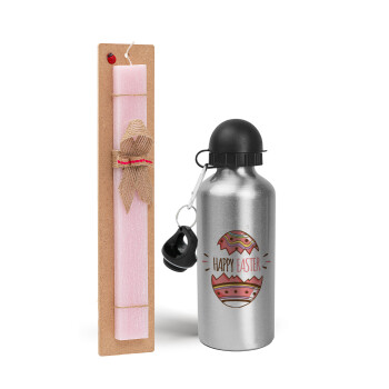 Happy easter egg, Easter Set, metallic Silver aluminum water bottle (500ml) & scented flat Easter candle (30cm) (PINK)