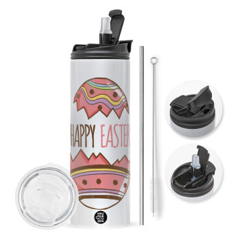 Happy easter egg, Travel Tumbler θερμό με διπλό καπάκι, μεταλλικό καλαμάκι και βούρτσα καθαρισμού (Ανωξείδωτο 304 Food grade, BPA free, 600ml)