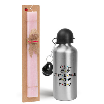 Friends i i'll be there for you, Easter Set, metallic Silver aluminum water bottle (500ml) & scented flat Easter candle (30cm) (PINK)