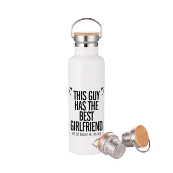 This guy has the best Girlfriend, Stainless steel White with wooden lid (bamboo), double wall, 750ml