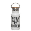 Metallic thermos (Stainless steel) White with wooden lid (bamboo), double-walled, 350ml