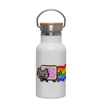 Nyan Pop-Tart Cat, Metallic thermos (Stainless steel) White with wooden lid (bamboo), double-walled, 350ml