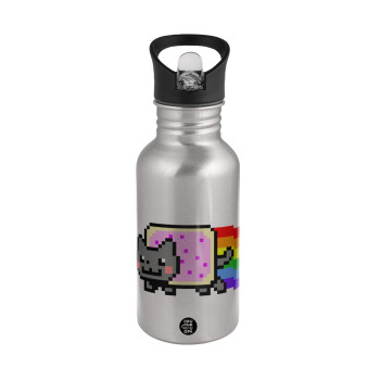 Nyan Pop-Tart Cat, Water bottle Silver with straw, stainless steel 500ml