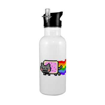 Nyan Pop-Tart Cat, White water bottle with straw, stainless steel 600ml