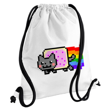 Nyan Pop-Tart Cat, Backpack pouch GYMBAG white, with pocket (40x48cm) & thick cords