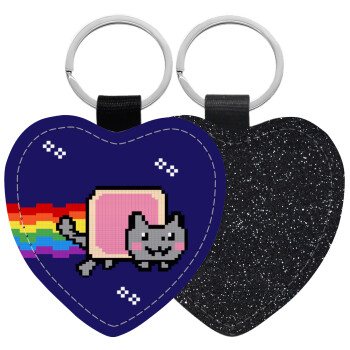 Nyan Pop-Tart Cat, Μπρελόκ PU δερμάτινο glitter καρδιά ΜΑΥΡΟ