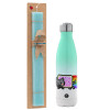 Easter Set, Metallic green/white thermos (Stainless steel), double-walled, 500ml & scented flat Easter candle (30cm) (TURQUOISE)