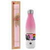 Easter Set, Metallic pink/white (Stainless steel) thermos, double-walled, 500ml & aromatic flat Easter candle (30cm) (PINK)