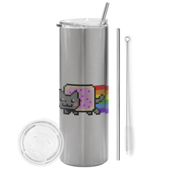 Nyan Pop-Tart Cat, Tumbler stainless steel Silver 600ml, with metal straw & cleaning brush