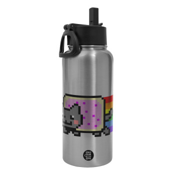 Nyan Pop-Tart Cat, Metal mug thermo Silver with Straw and Spout Lid (Stainless steel), double wall, 950ml