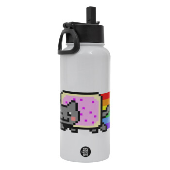 Nyan Pop-Tart Cat, Metal mug thermo White with Straw and Spout Lid (Stainless steel), double wall, 950ml