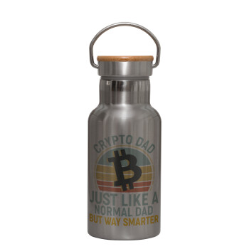 Crypto Dad, Stainless steel metallic thermos flask, silver with a bamboo lid, double-walled, 350ml.