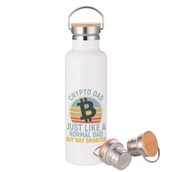 Crypto Dad, Μεταλλικό παγούρι θερμός (Stainless steel) Λευκό με ξύλινο καπακι (bamboo), διπλού τοιχώματος, 750ml