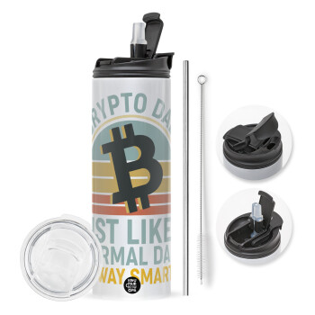 Crypto Dad, Travel Tumbler θερμό με διπλό καπάκι, μεταλλικό καλαμάκι και βούρτσα καθαρισμού (Ανωξείδωτο 304 Food grade, BPA free, 600ml)