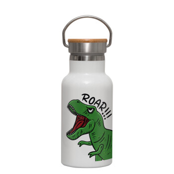 Dyno roar!!!, Metallic thermos (Stainless steel) White with wooden lid (bamboo), double-walled, 350ml