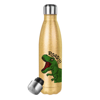 Dyno roar!!!, Glitter gold stainless steel thermos bottle, double-walled, 500ml