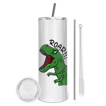 Dyno roar!!!, Eco friendly ποτήρι θερμό (tumbler) από ανοξείδωτο ατσάλι 600ml, με μεταλλικό καλαμάκι & βούρτσα καθαρισμού