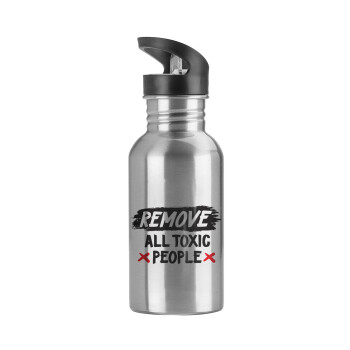 Remove all toxic people, Water bottle Silver with straw, stainless steel 600ml