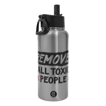 Remove all toxic people, Μεταλλικό παγούρι θερμός Silver με καλαμάκι και χερούλι (Stainless steel), διπλού τοιχώματος, 950ml