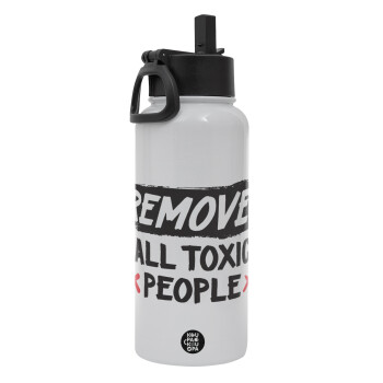 Remove all toxic people, Μεταλλικό παγούρι θερμός Λευκό με καλαμάκι και χερούλι (Stainless steel), διπλού τοιχώματος, 950ml