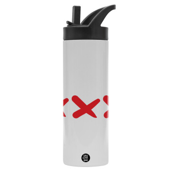 XXX, Metallic thermos bottle with straw & handle, stainless steel (Stainless steel 304), double-walled, 600ml.