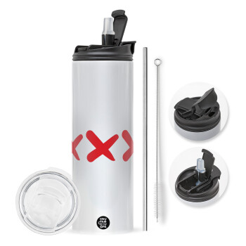 XXX, Travel Tumbler θερμό με διπλό καπάκι, μεταλλικό καλαμάκι και βούρτσα καθαρισμού (Ανωξείδωτο 304 Food grade, BPA free, 600ml)