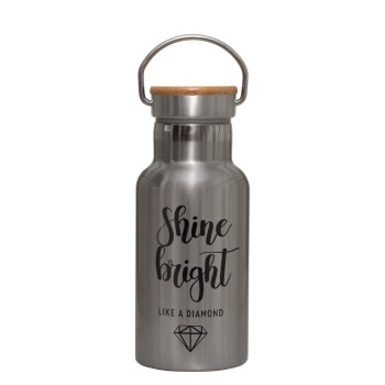 Bright, Shine like a Diamond, Stainless steel metallic thermos flask, silver with a bamboo lid, double-walled, 350ml.