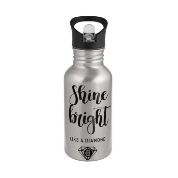 Bright, Shine like a Diamond, Water bottle Silver with straw, stainless steel 500ml