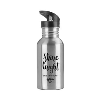 Bright, Shine like a Diamond, Water bottle Silver with straw, stainless steel 600ml