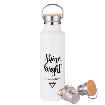 Bright, Shine like a Diamond, Stainless steel White with wooden lid (bamboo), double wall, 750ml